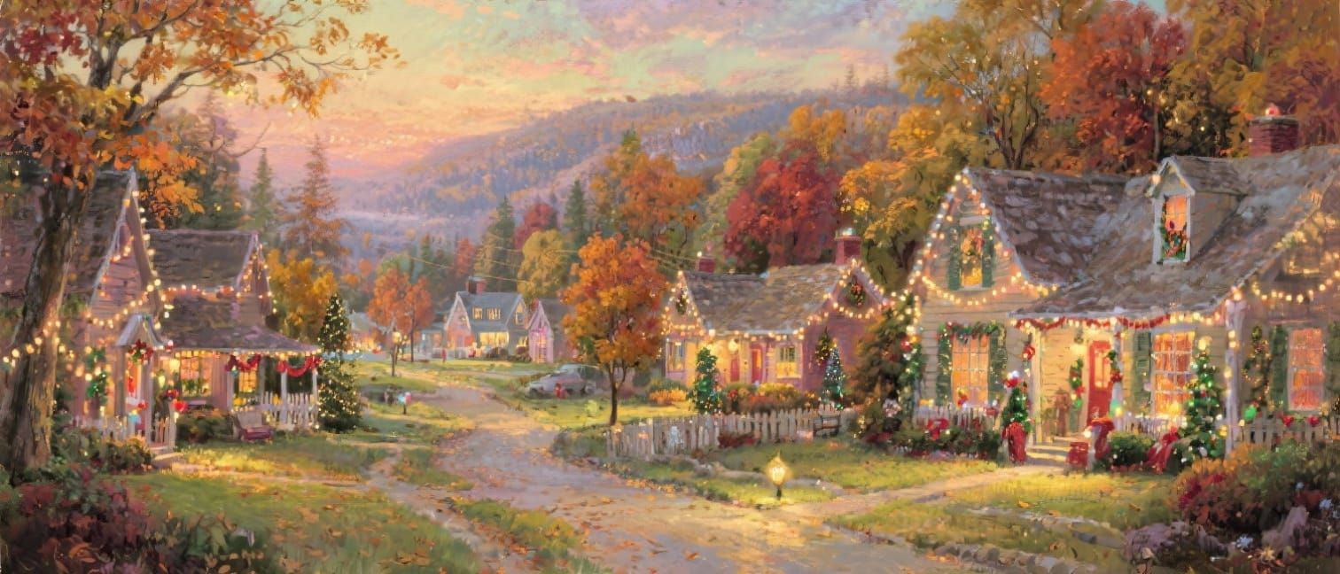 Cozy Autumn Village Aglow with Christmas Lights