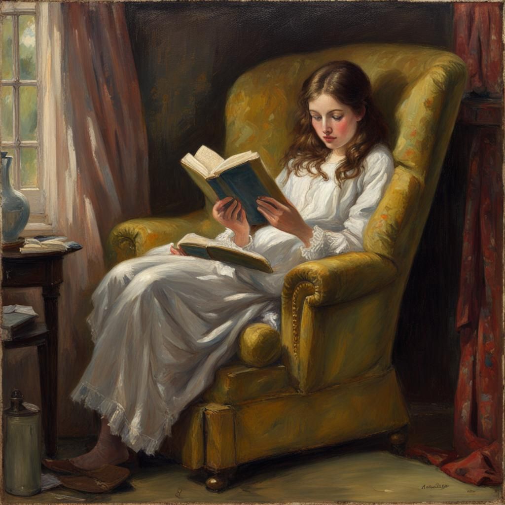 Cozy Reading Scene in Oil Painting Style
