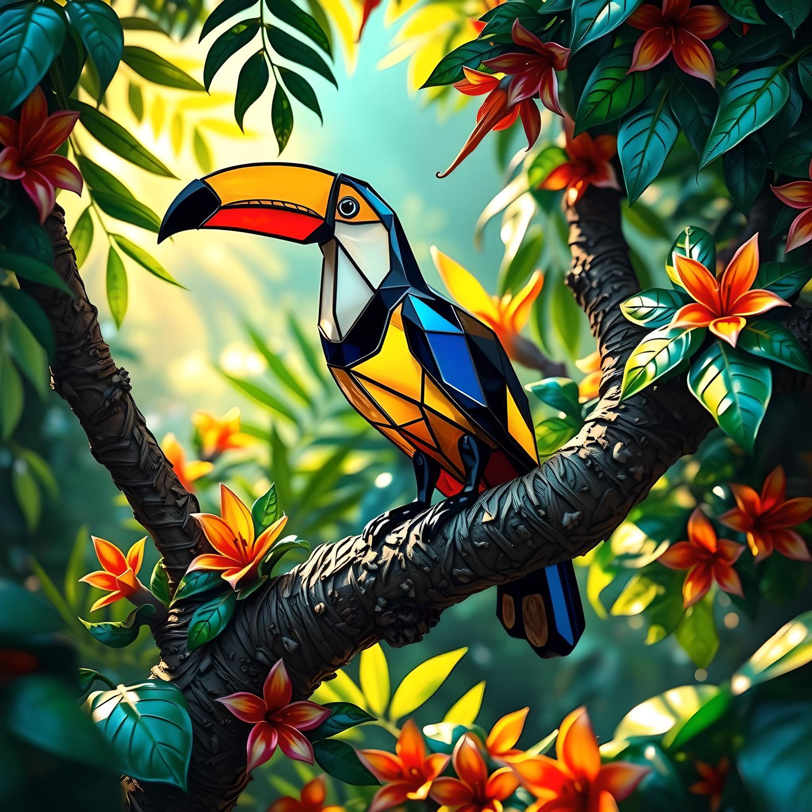 Enameled Glass Toucan Figurine on Jungle Branch