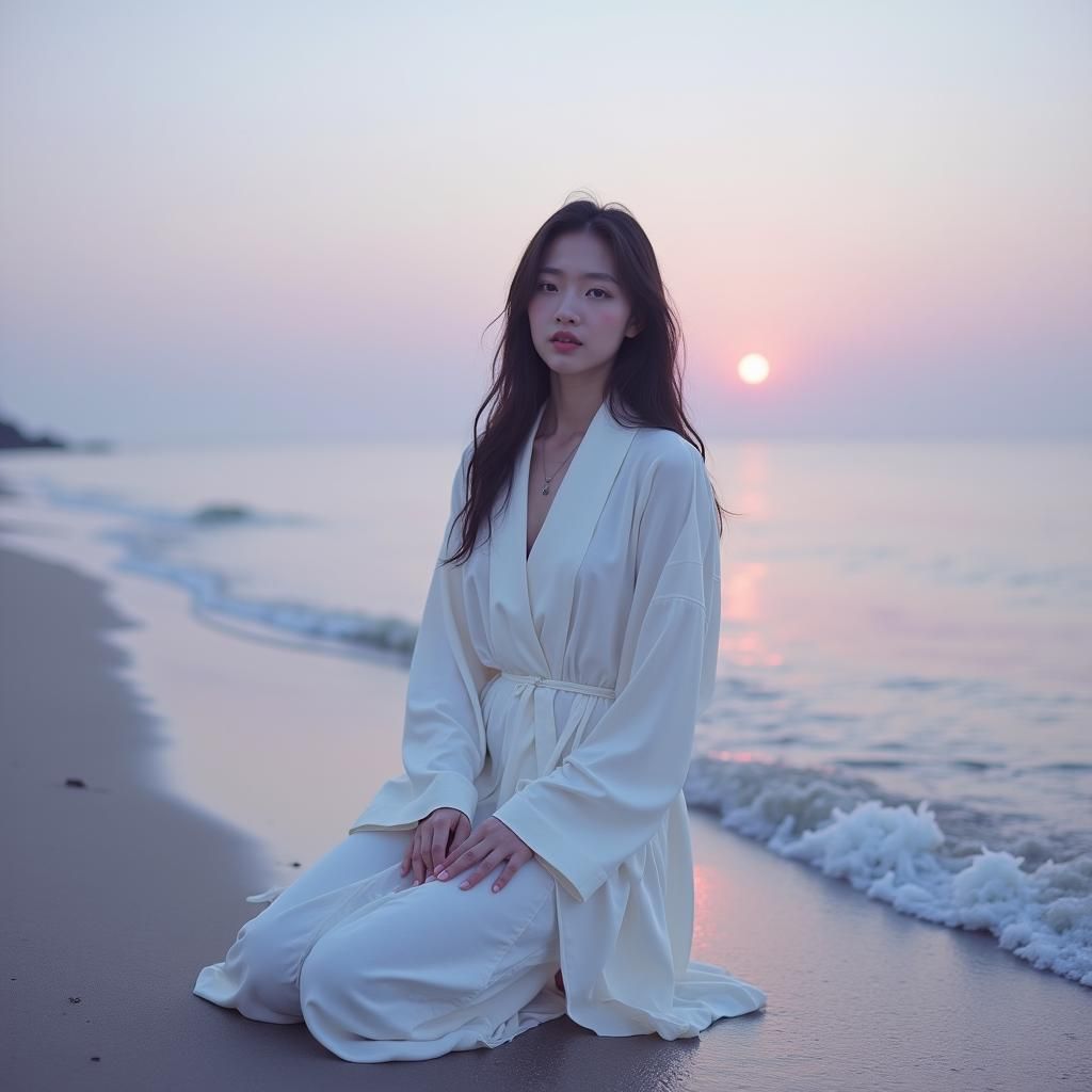 Contemplative Biracial Woman on a Misty Shoreline