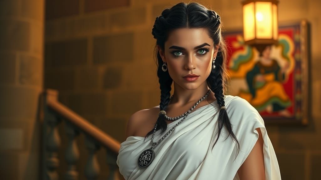 Roman Woman with Emerald Eyes in Hyperrealistic Style