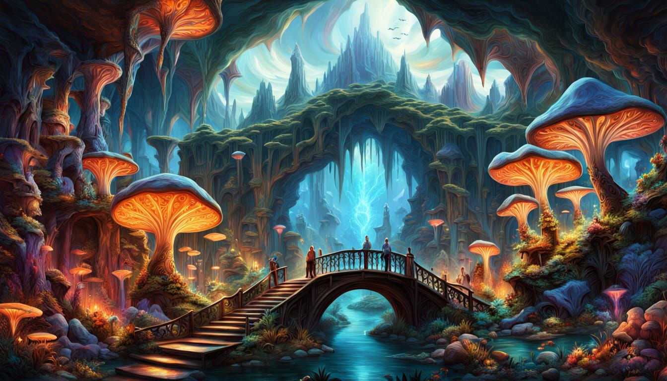 Crystal Cave With Glowing Fungi and Hidden Pool
