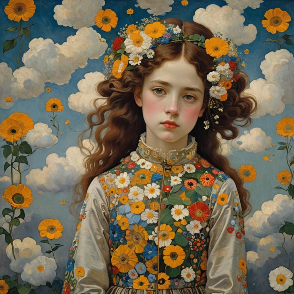 Klimt-Inspired Portrait of Girl in Flowers