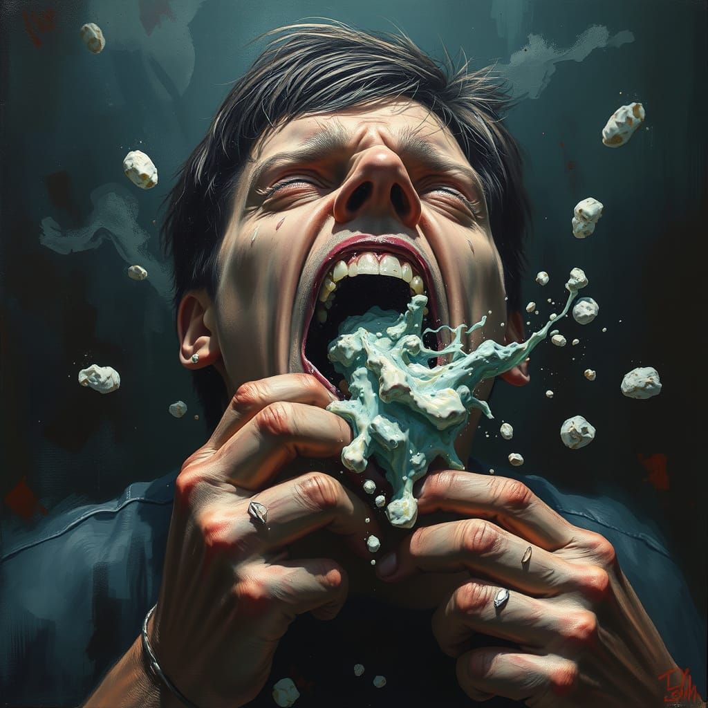 Person Chewing Amidst Corruption in Dramatic Style
