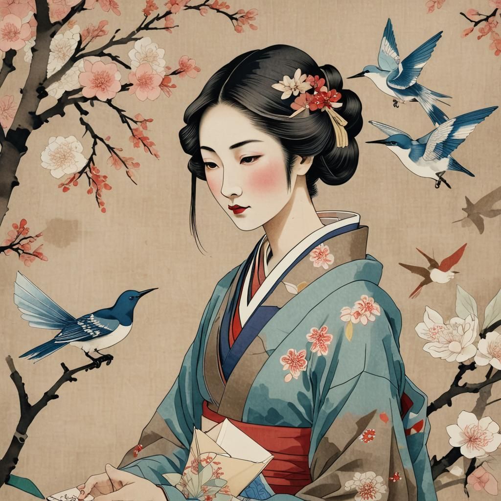 Ukiyo-e Portrait: Serene Woman Folding Origami