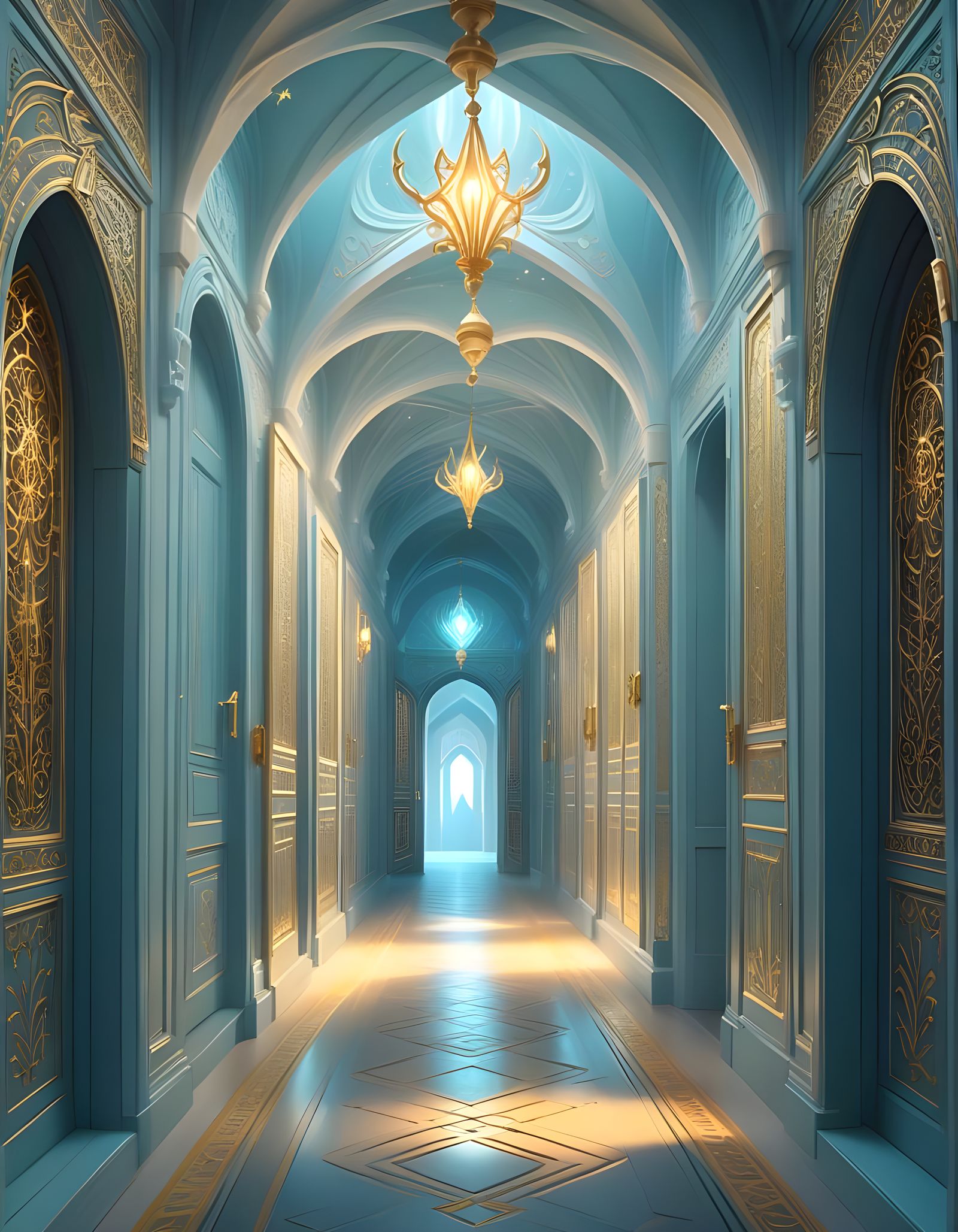 Whimsical Fantasy Scene with Glowing Fairy and Doors