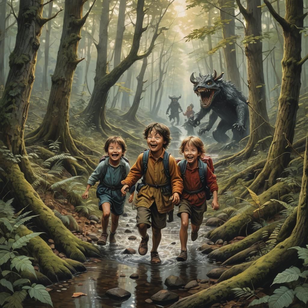 Children Escape Fire Monsters in Detailed Renaissance Style