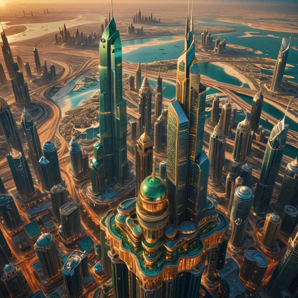 Futuristic Dubai Sunset: Ornate Tower Concept Art