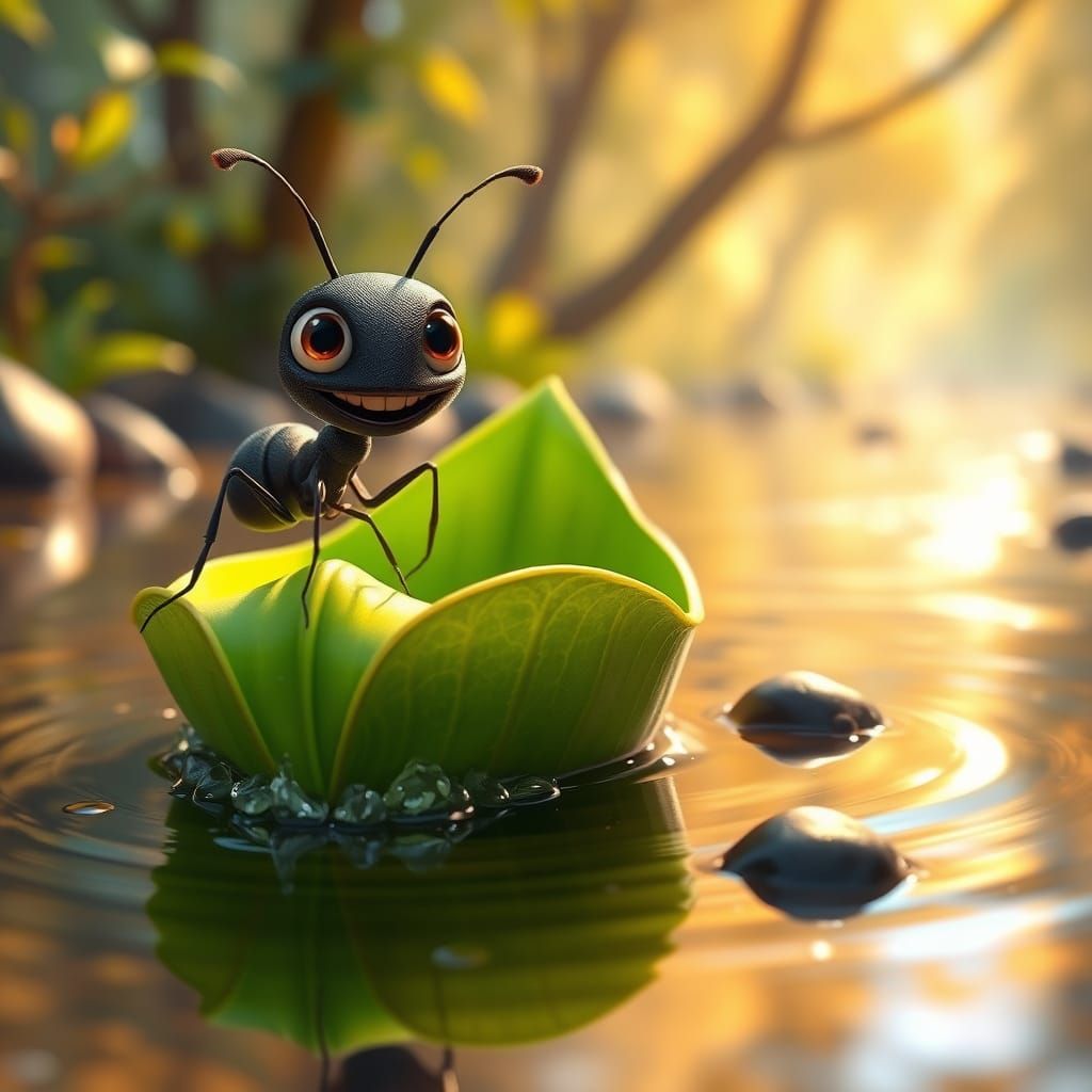 Whimsical Ant Sails on a Leaf Boat Down a Serene Stream