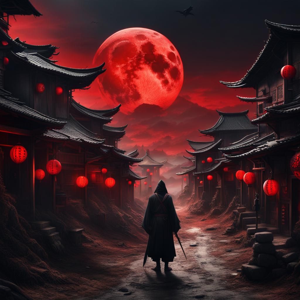 Ninja Watches Red Moon Rise Over Haunted Village