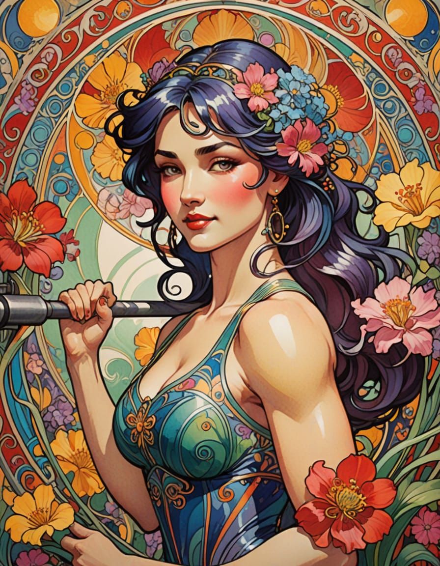 Art Nouveau Watercolor Masterpiece: Muscular Woman in Motion
