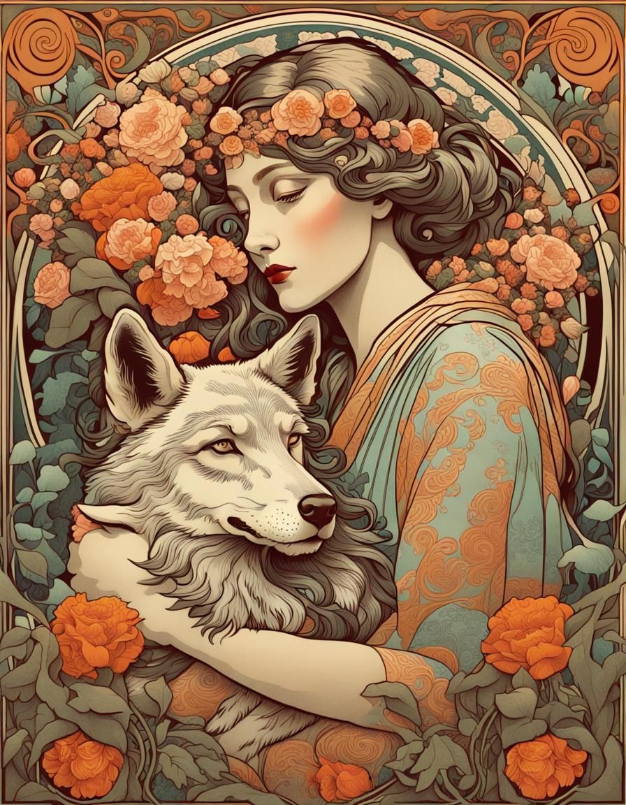 Art Nouveau Woman with Wolf in Printmaking Style
