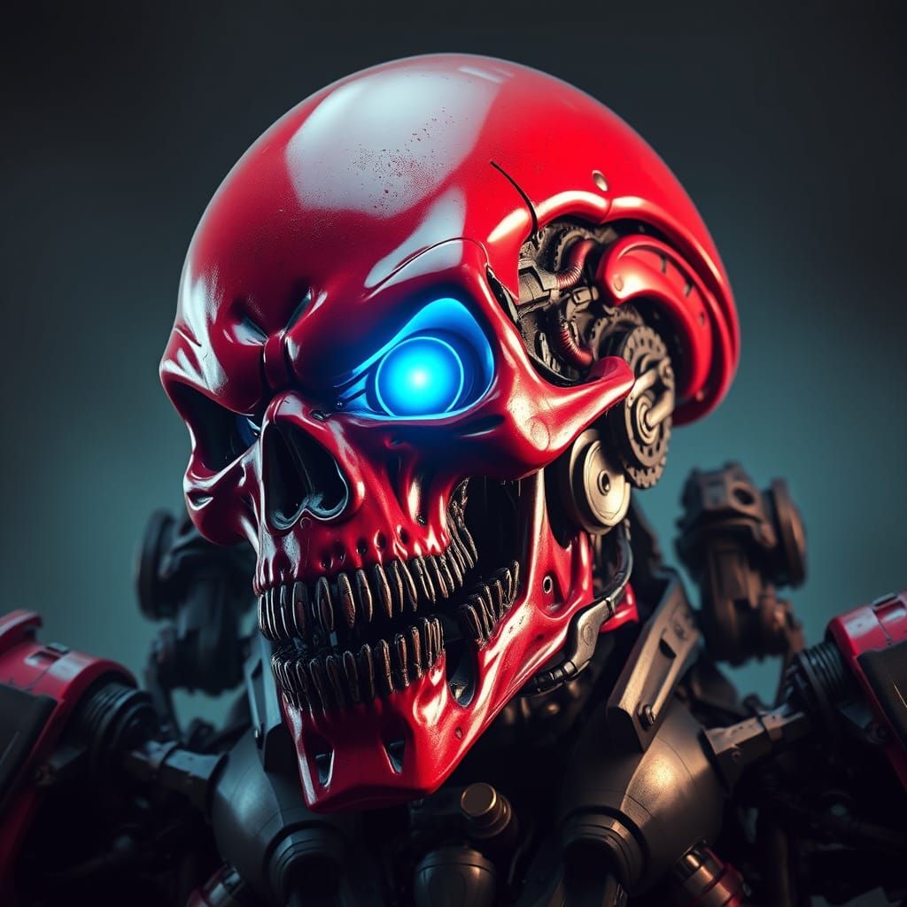 Giant Mechanical Body with Crimson Skull and Glowing Eye