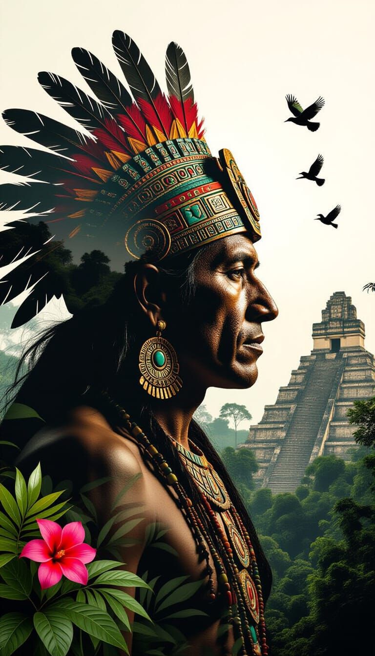 Mayan Priest Silhouette with Jungle Landscape Double Exposur...