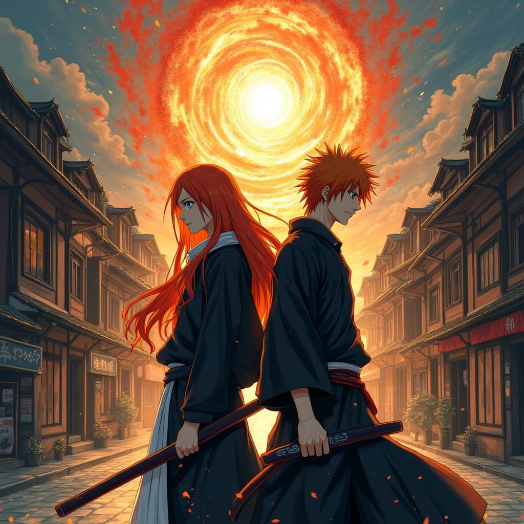 Ichigo and Orihime Stand Back to Back in Vibrant Karakura To...
