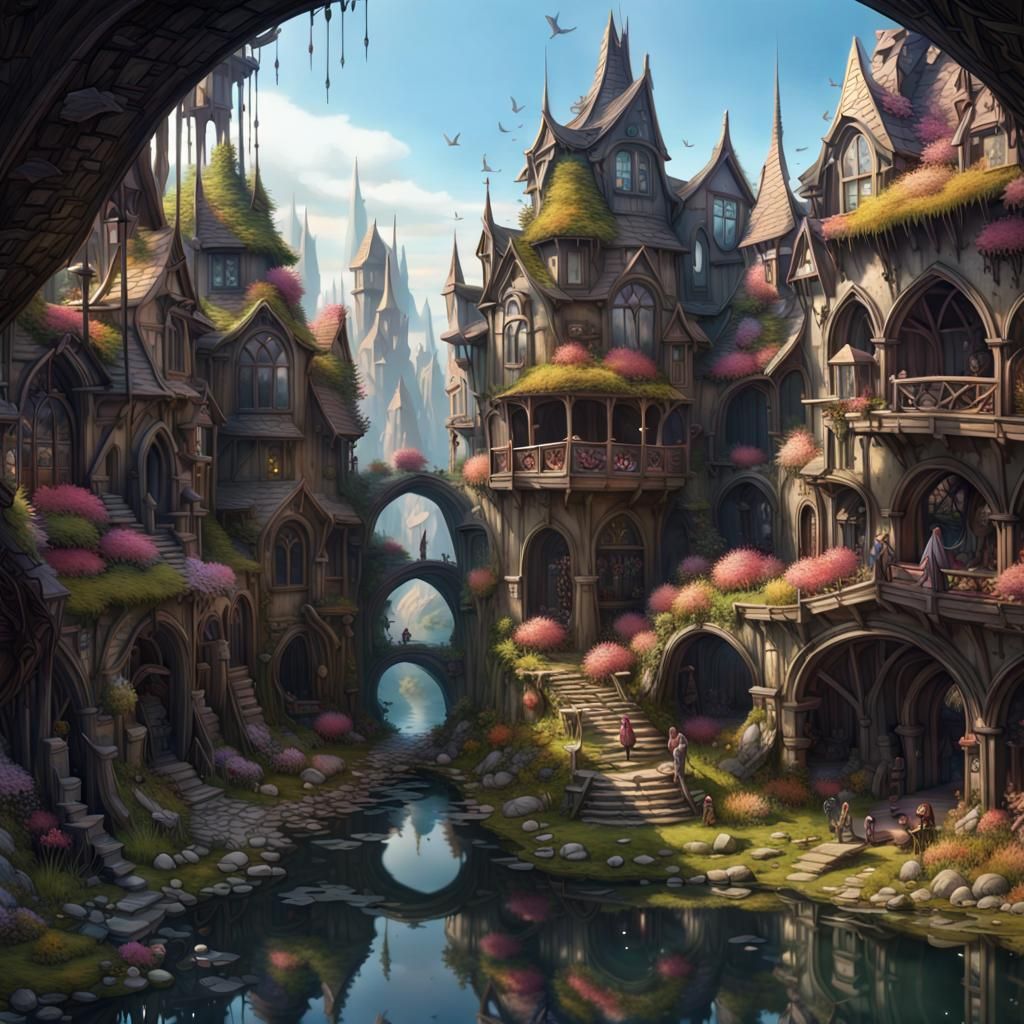 Whimsical Black Fairy Town Ruins: Hyperdetailed Concept Art