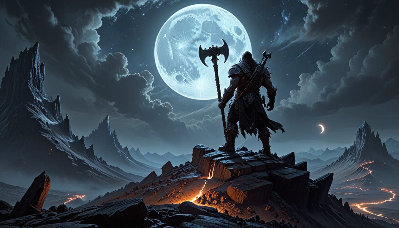 Dwarven Warrior Gazes at Alien Landscape with Twin Moons