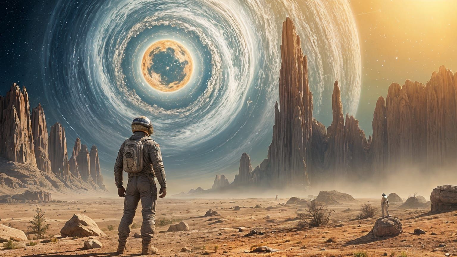 Astronaut Contemplates Cosmic Wonder on Barren Alien Planet