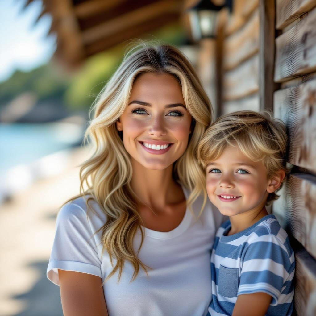 Mother and Son Enjoying Summer Vacation in Photo