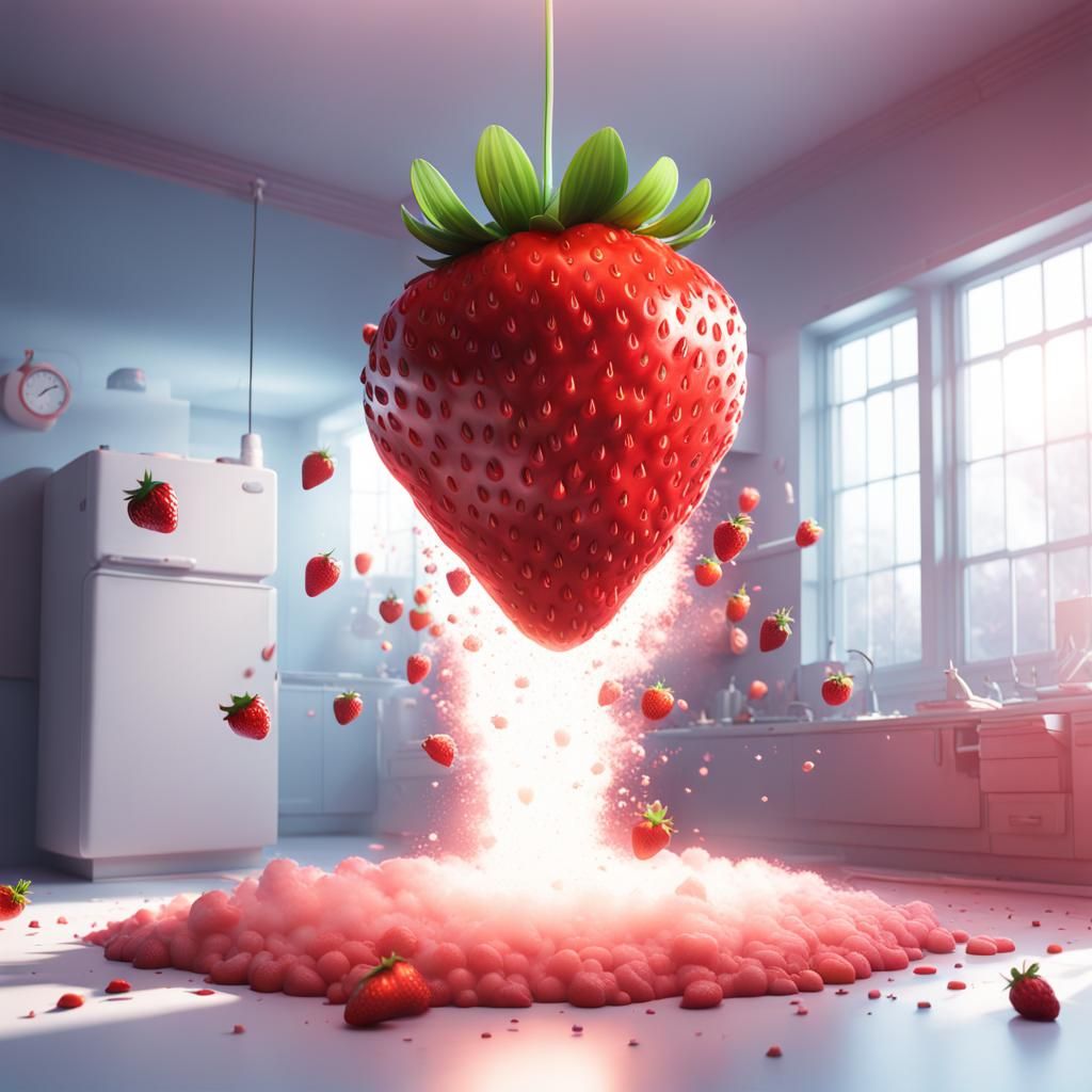 Exploding Strawberry: 3D Digital Art in White Room