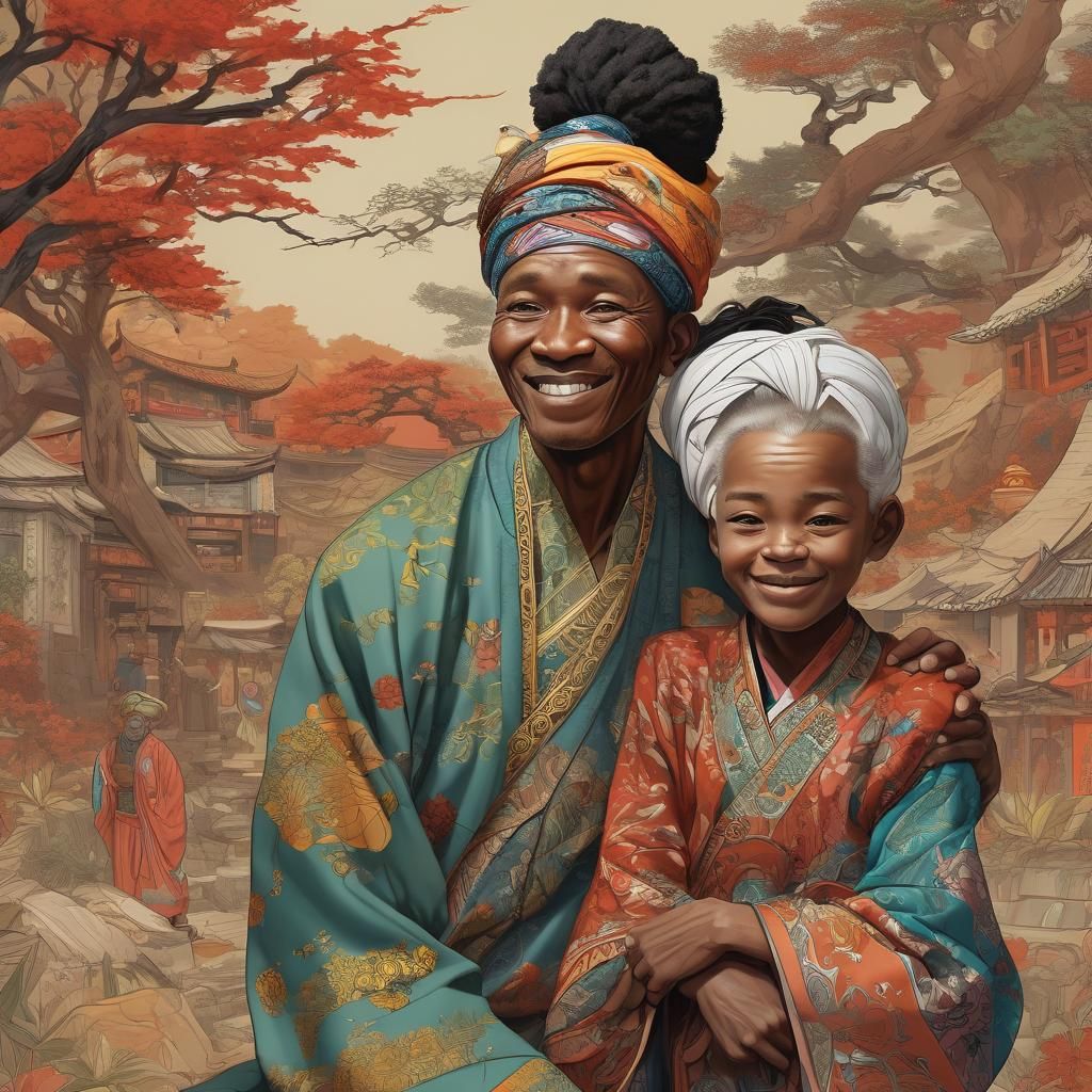 Grandson Hugs Grandmother in Traditional Chinese Clothes