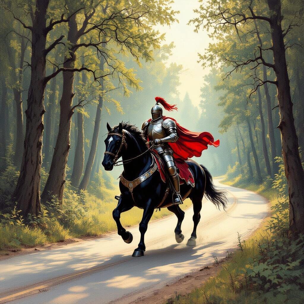 Armored Knight on Horseback in Forest Landscape