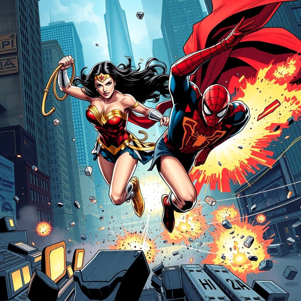 Wonder Woman vs. Spider-Man: Epic Clash in Vibrant Cityscape