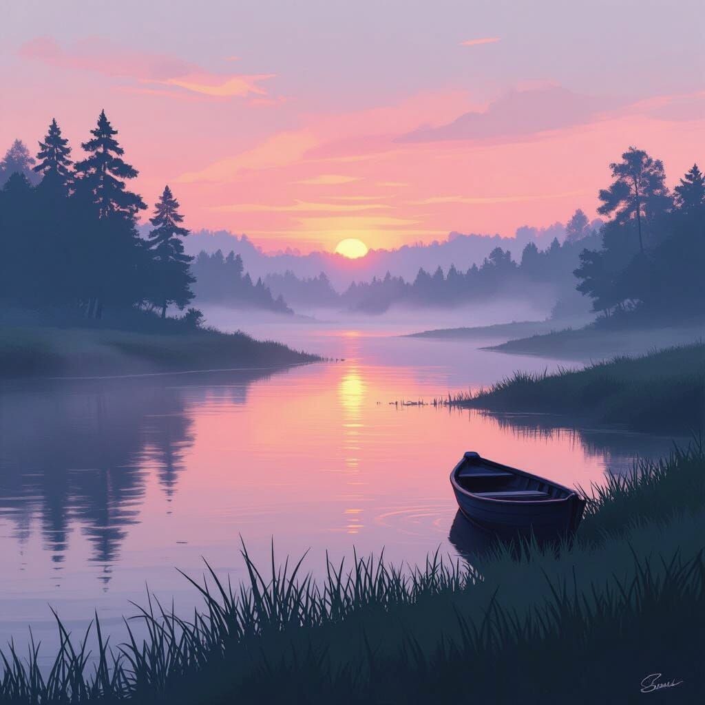 Misty River Landscape at Dawn: Dreamy Digital Art