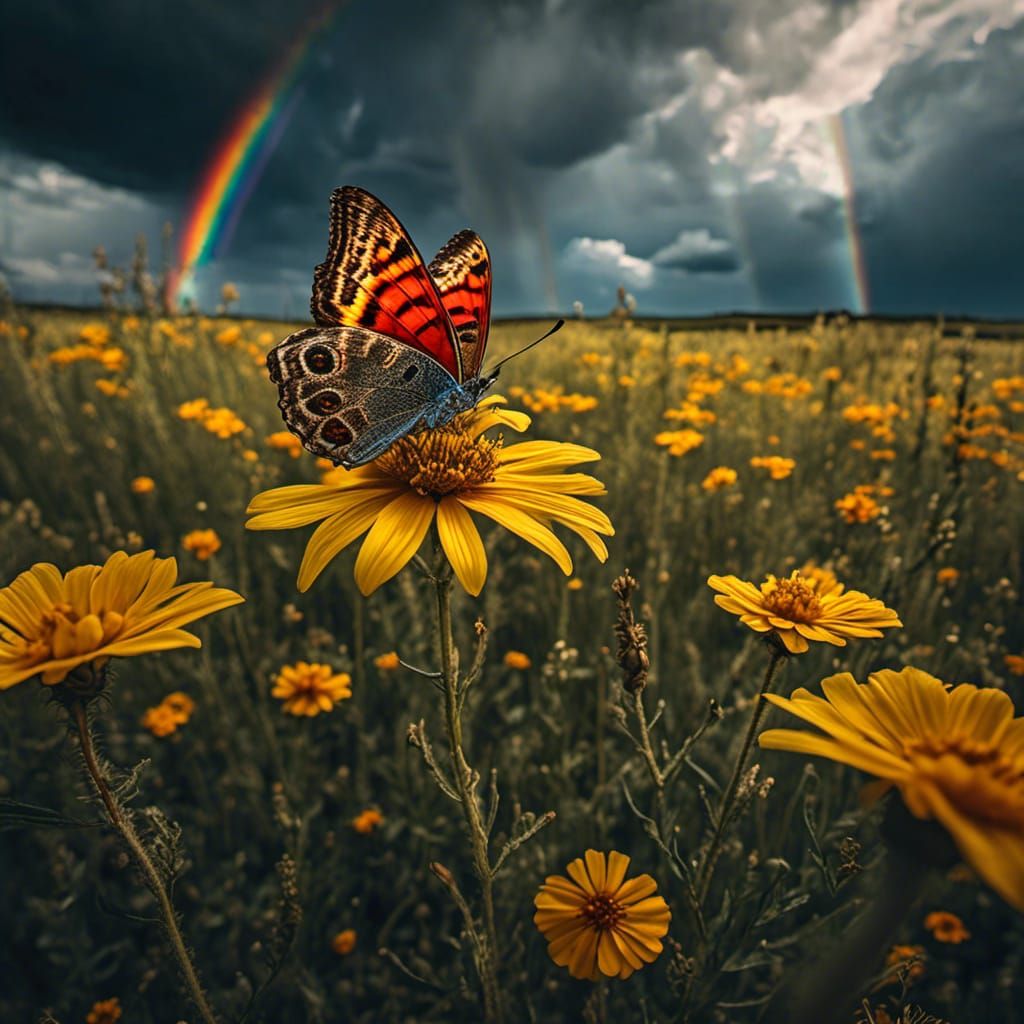 Butterfly and Rainbow in Hyperrealistic Meadow