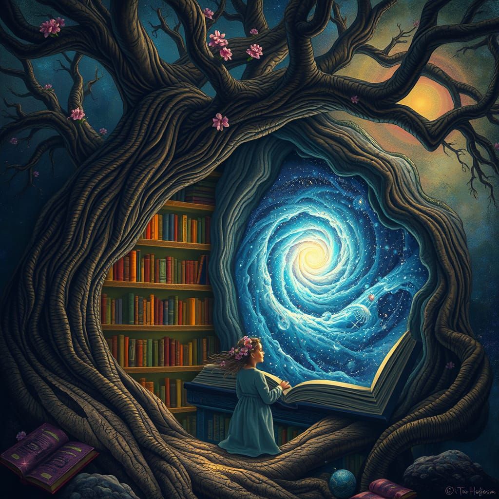 Hidden Tree Library with Glowing Books, Surreal Scene