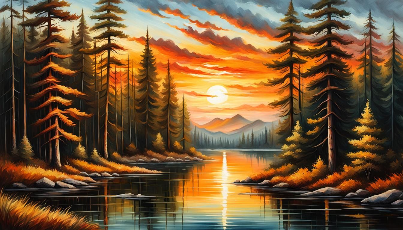 Sunset Wilderness Scene as Impressionist Gouache Painting