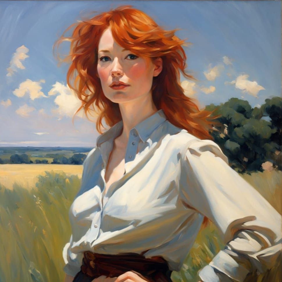 Red-Haired Beauty in Impressionistic Oil Portrait