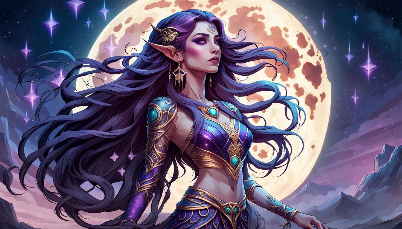 Fantasy Woman with Purple Hair and Moon
