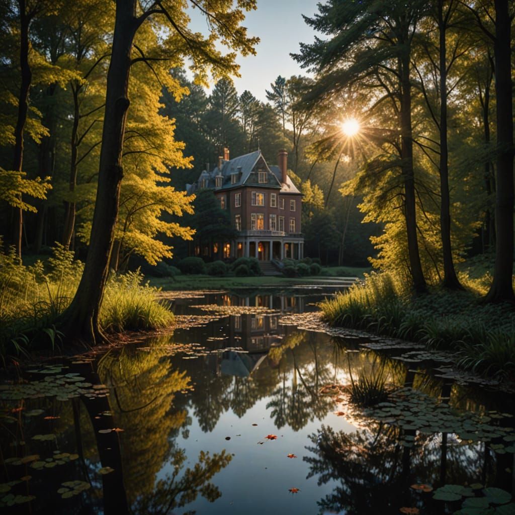 Forest Pond Reflection with Falling Leaves and Mansion