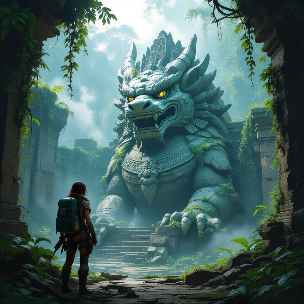 Ancient Jungle Dragon Statue & Explorer in Concept Art Style
