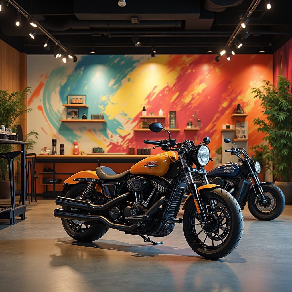 Modern Motorbike Shop Interior with Mural Art