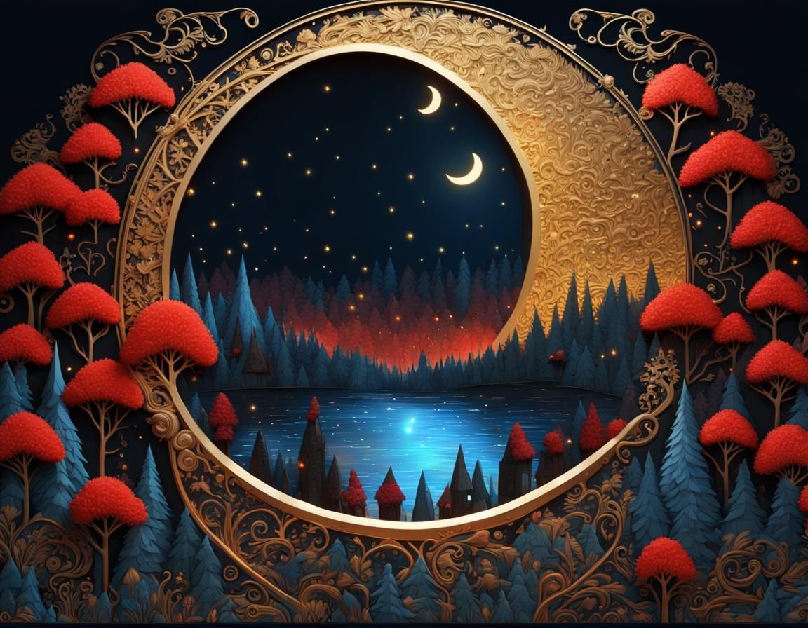 Crystal Moon Over Night Forest in Palekh Style