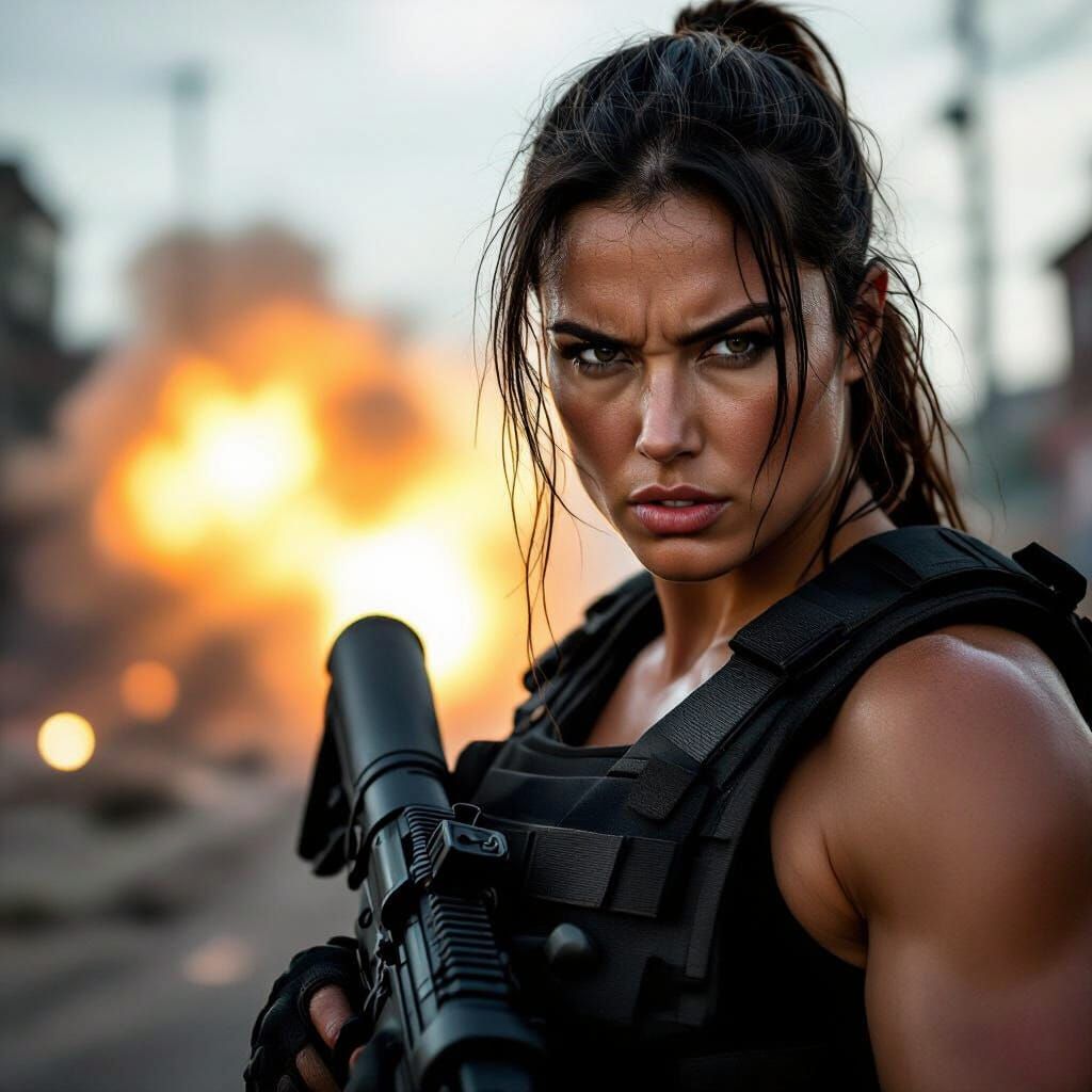 Angry Woman in Bulletproof Vest with Weapon & Explosion