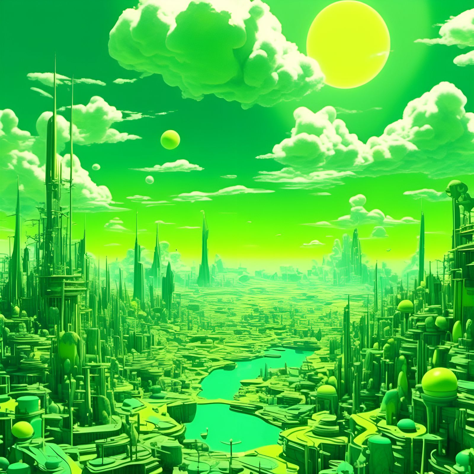 Psychedelic Green Mountain City in Cel-Shaded Style