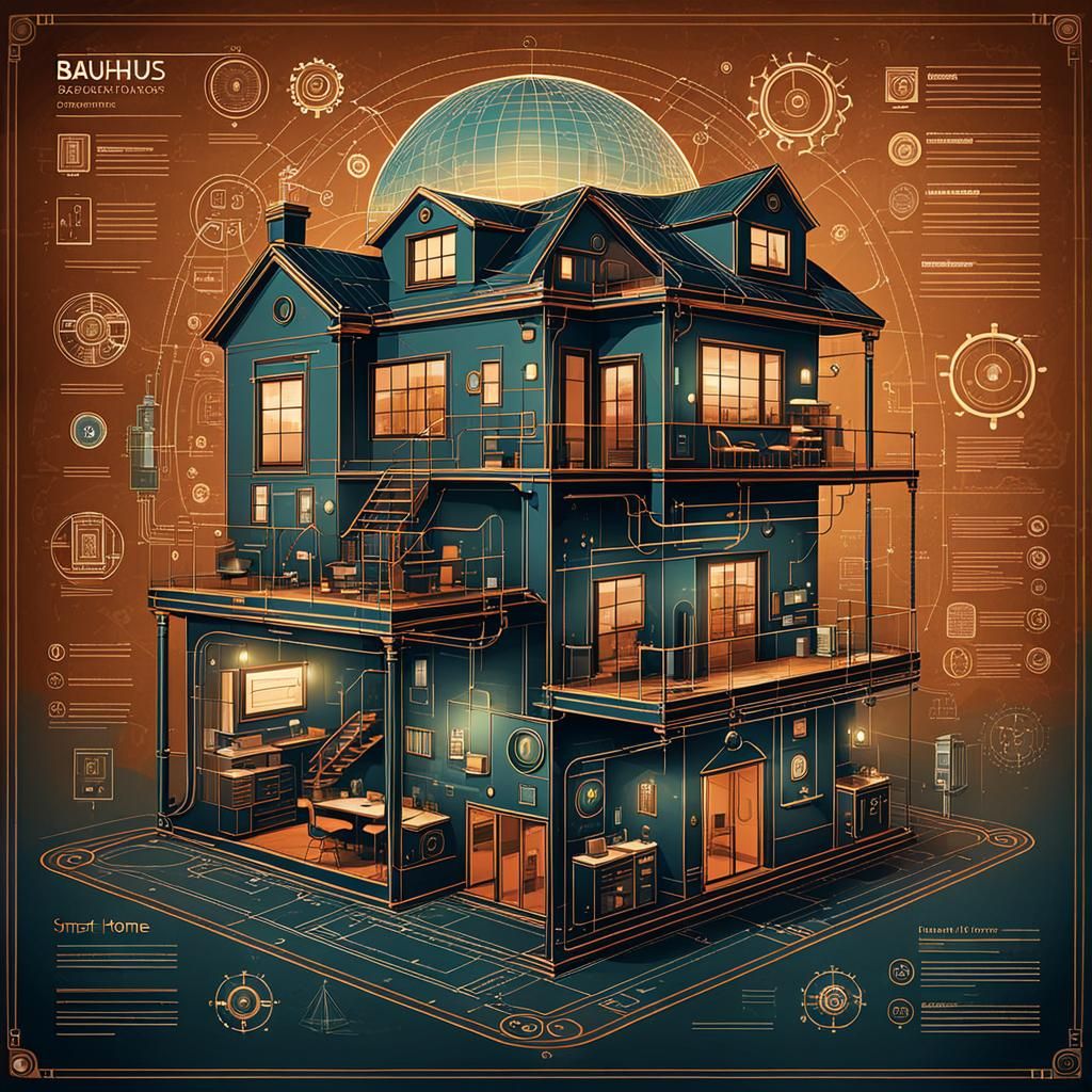 Smart Home Diagram in Bauhaus-Steampunk Style