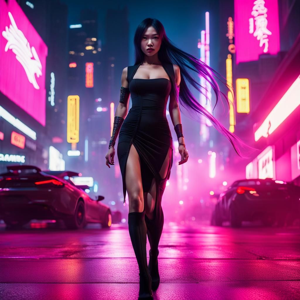Cyberpunk Asian Woman in Neon City at Night