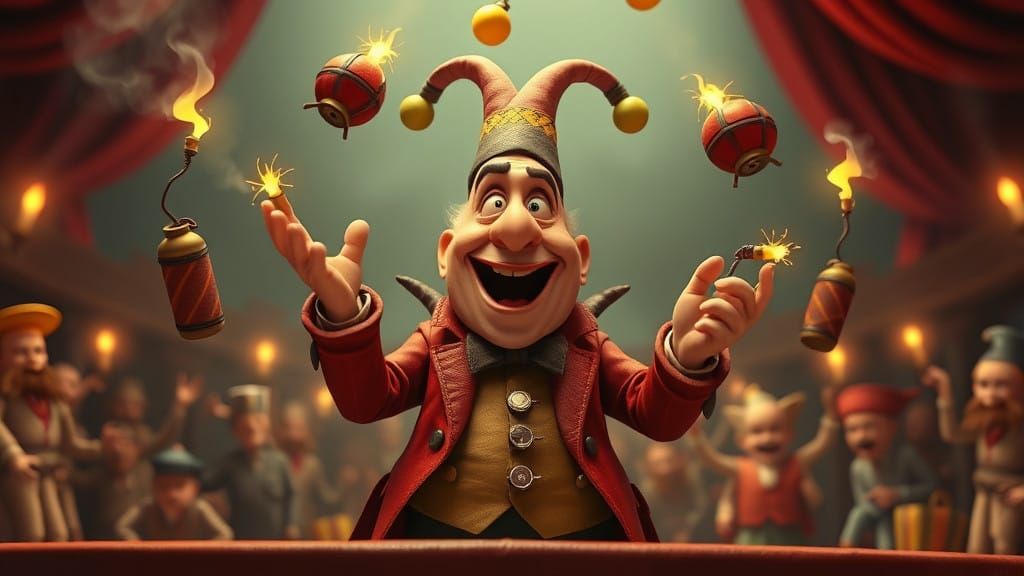 Exaggerated Politician Jester in Whimsical Cartoon Style