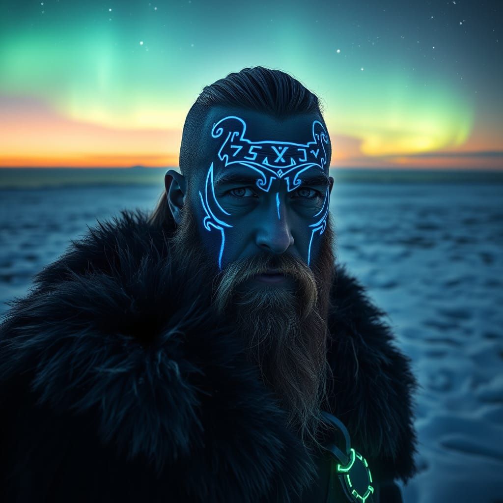Viking Warrior with Glowing Runes Under Aurora Borealis