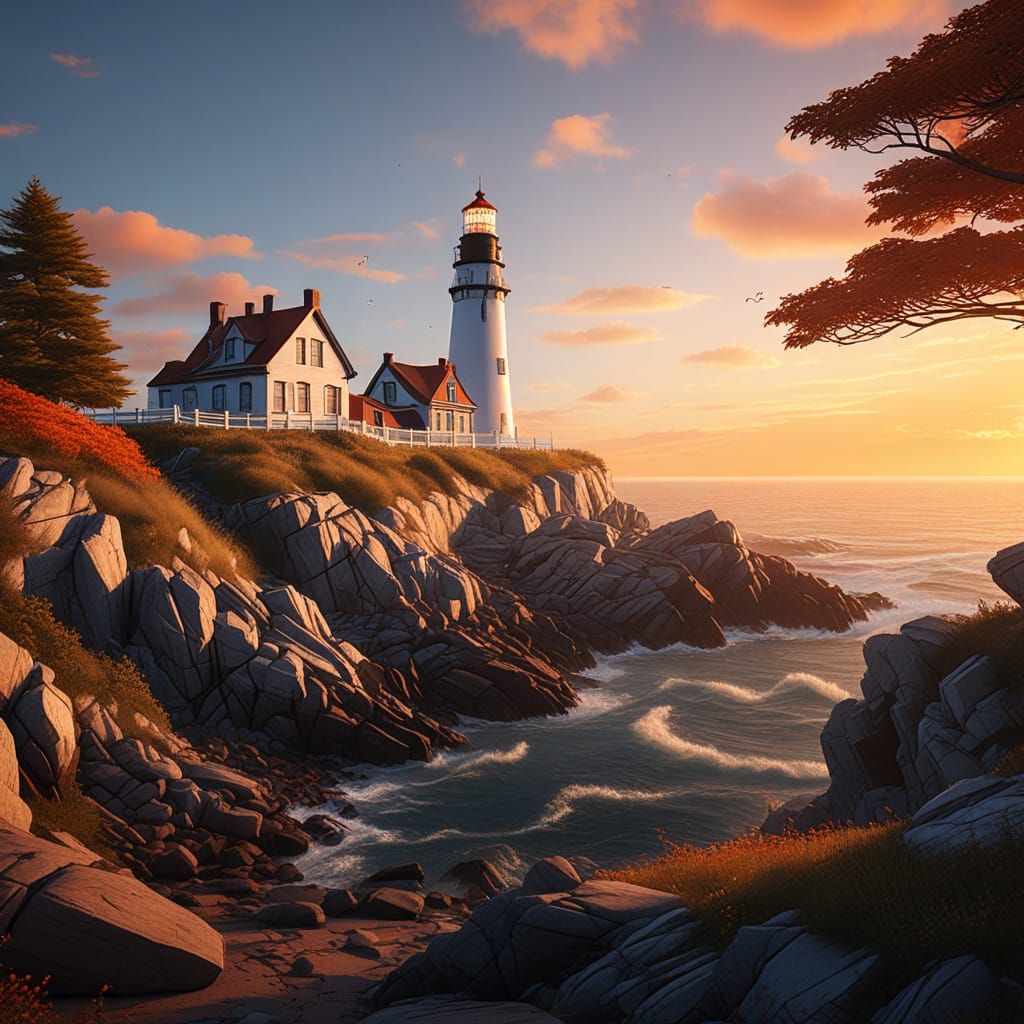 Cape Elizabeth Lighthouse Sunset: Fantasy Concept Art
