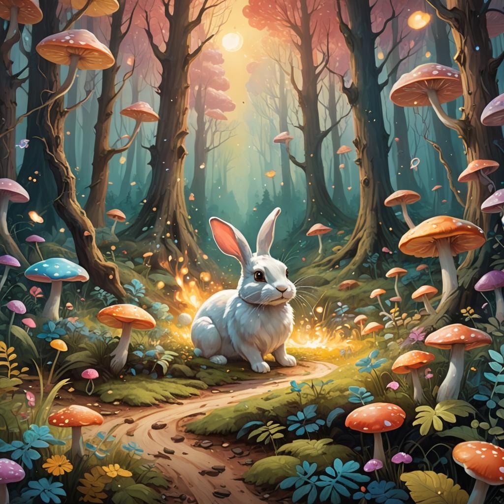 Whimsical Forest Rabbit Releases Swirly Cloud, Fantasy Art