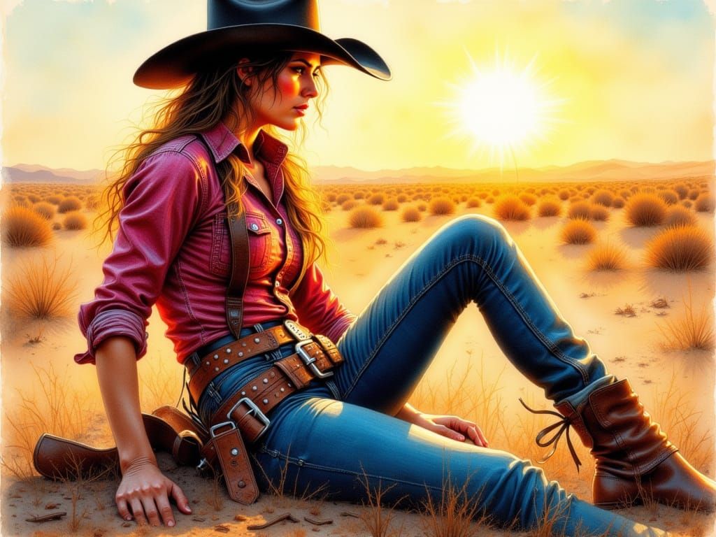 Cowgirl Wrangler in Dusty Impasto Sketch Style