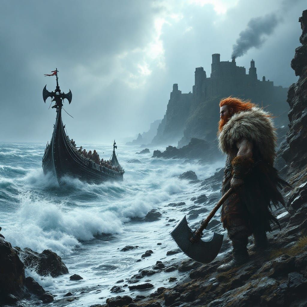 Stormy Scottish Beach with Viking Ship and Bearded Warrior
