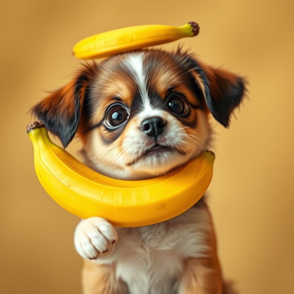 Puppy with Banana Peel in Whimsical Illustration Style