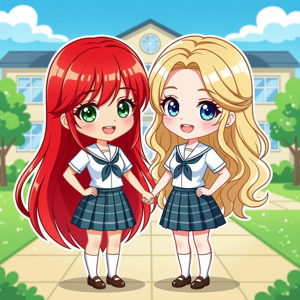 Cute Chibi Anime Girls in Japanese School Uniforms