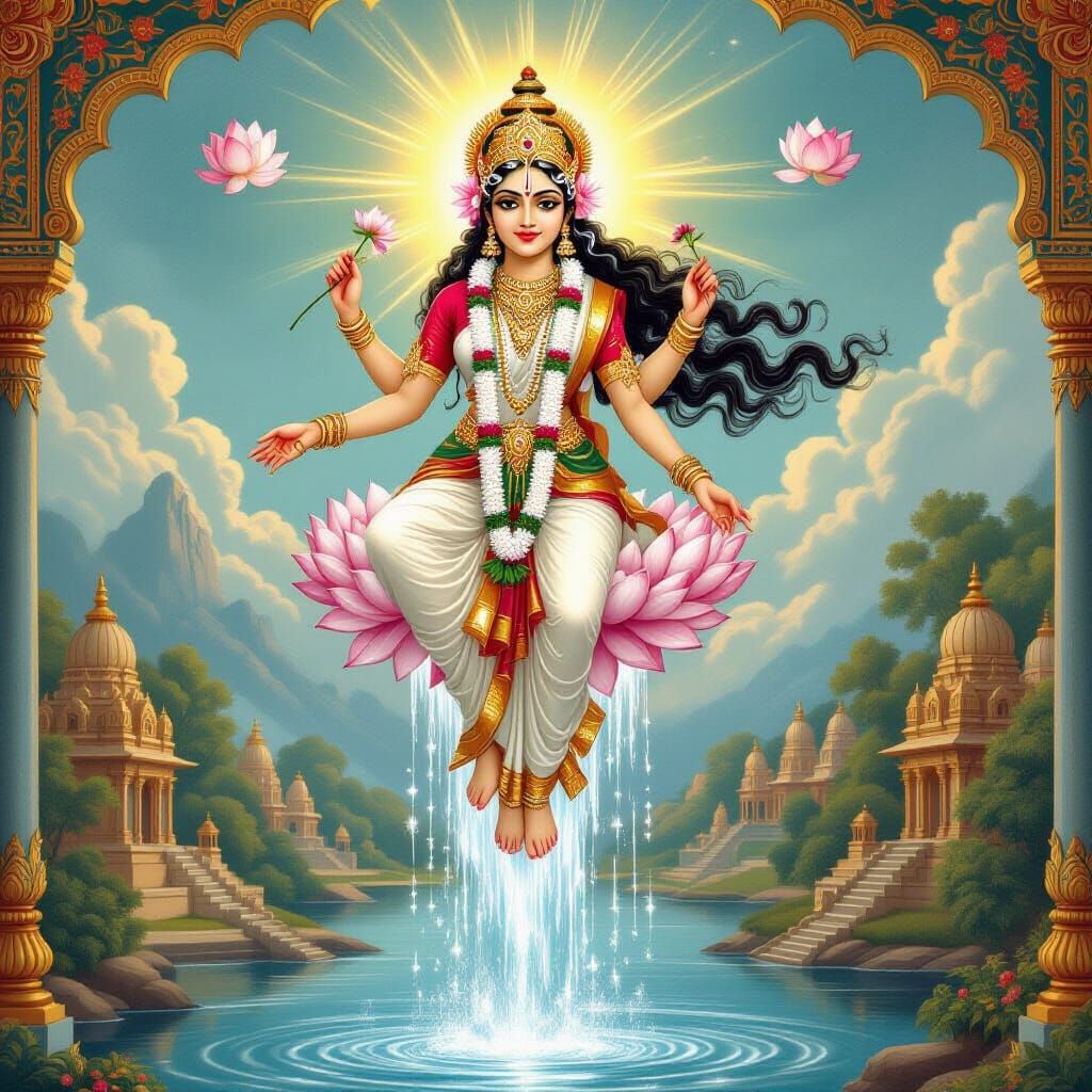 Goddess Ganga Descends in Miniature Painting Style